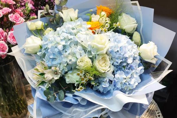 蓝绣球和白玫瑰搭配的花语,寓意宁静、清新、纯净等